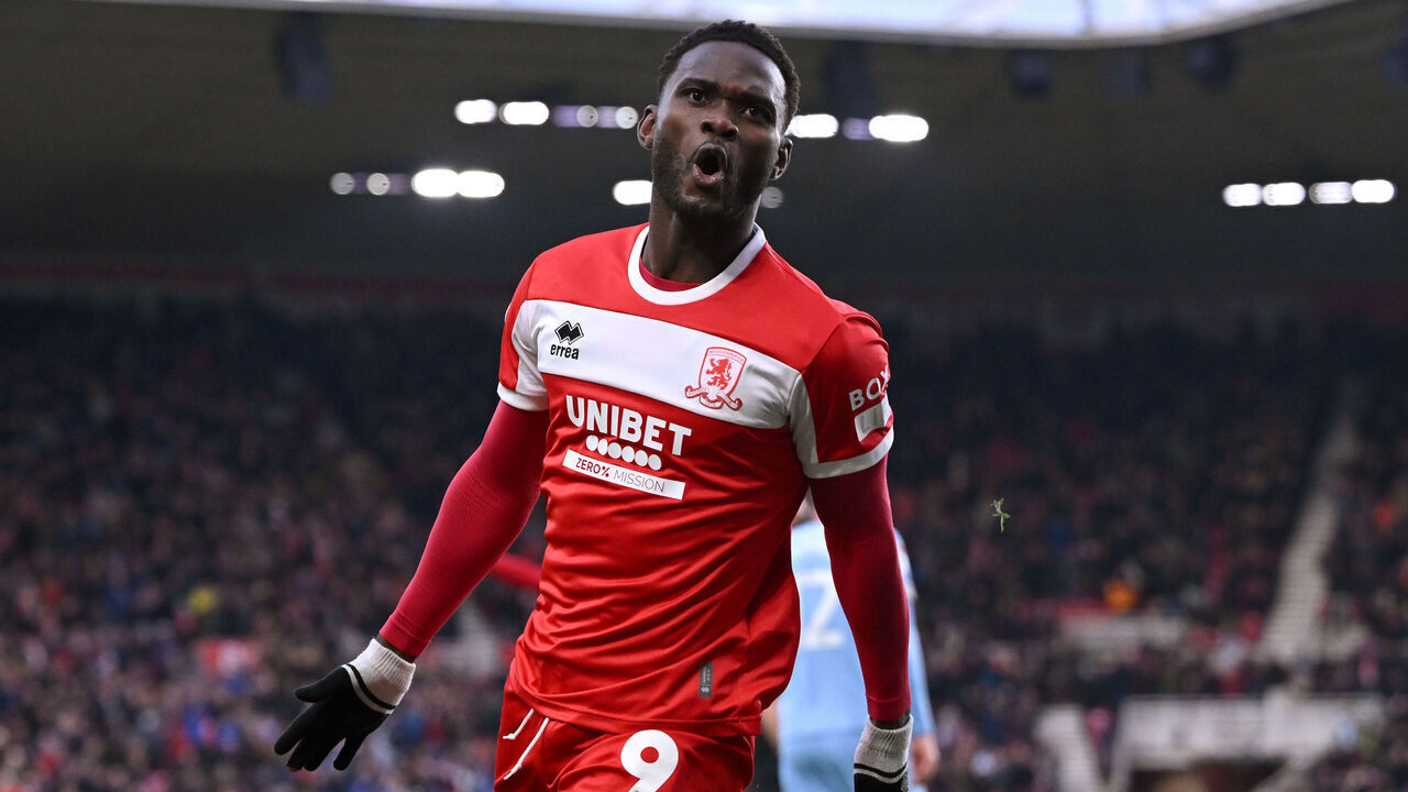 MIDDLESBROUGH, ENGLAND - JANUARY 04: Emmanuel Latte Lath of Middlesbrough celebrates after scoring the first goal during the Sky Bet Championship match between Middlesbrough FC and Cardiff City FC at Riverside Stadium on January 04, 2025 in Middlesbrough, England.