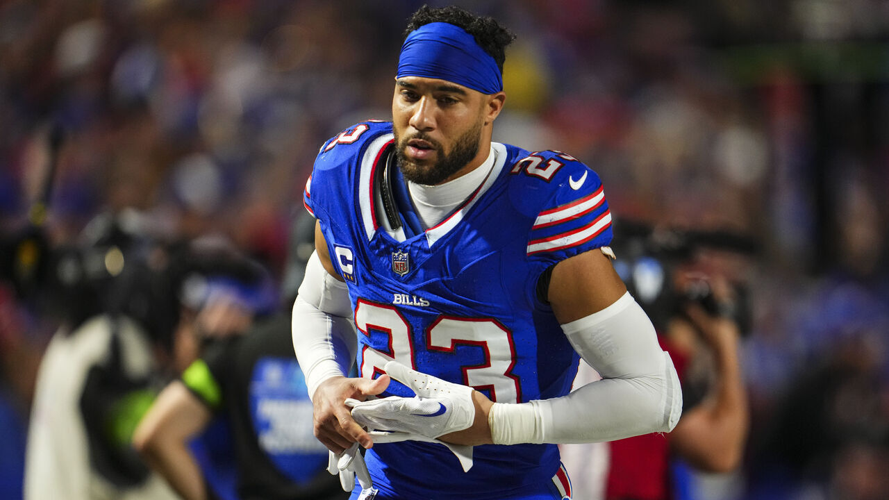ORCHARD PARK, NY - OCTOBER 26: Micah Hyde #23 of the Buffalo Bills runs off of the field during an NFL football game against the Tampa Bay Buccaneers at Highmark Stadium on October 26, 2023 in Orchard Park, New York.