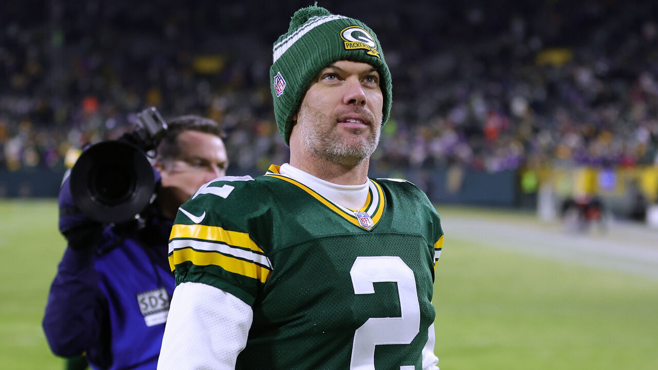 GREEN BAY, WISCONSIN - JANUARY 01: Mason Crosby #2 of the Green Bay Packers leaves the field after the game against the Minnesota Vikings at Lambeau Field on January 01, 2023 in Green Bay, Wisconsin.