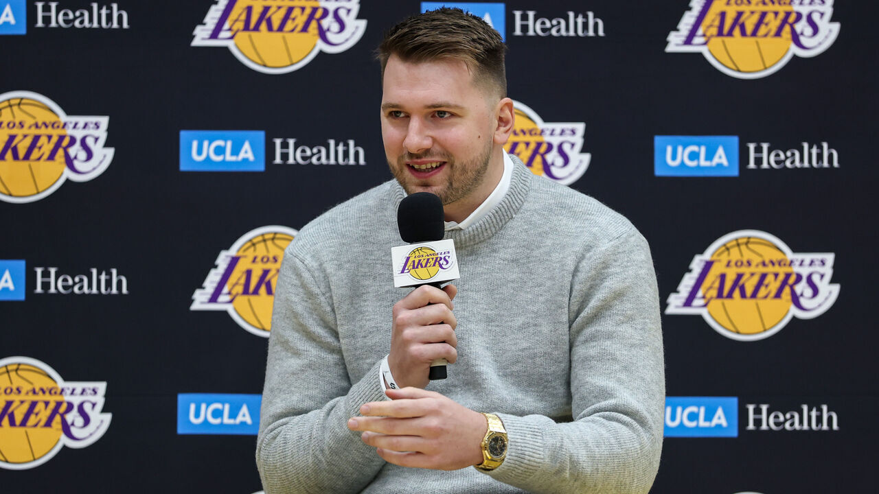 EL SEGUNDO, CALIFORNIA - FEBRUARY 04: Luka Doncic, formerly of the Dallas Mavericks, speaks at a press conference introducing him as a new member of the Los Angeles Lakers at UCLA Health Training Center on February 04, 2025 in El Segundo, California.