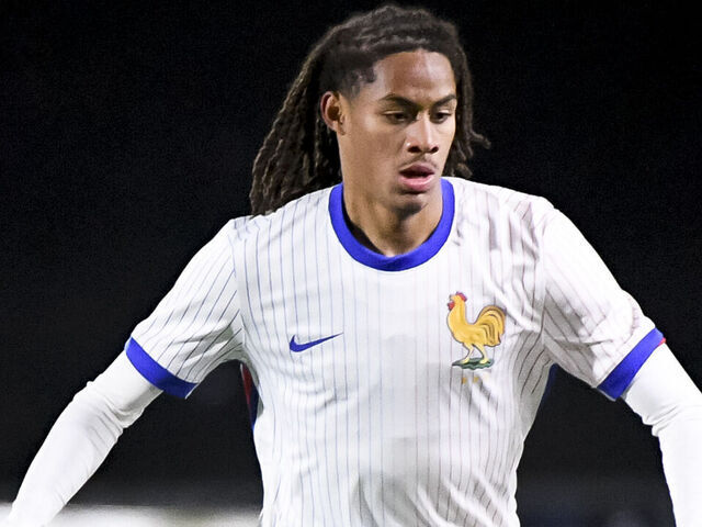 STIRLING, SCOTLAND - NOVEMBER 19: Amougou Mathis of France during gameplay at the UEFA U19 EURO Qualifying match between Scotland and France at Forthbank Stadium on November 19, 2024 in Stirling, Scotland.