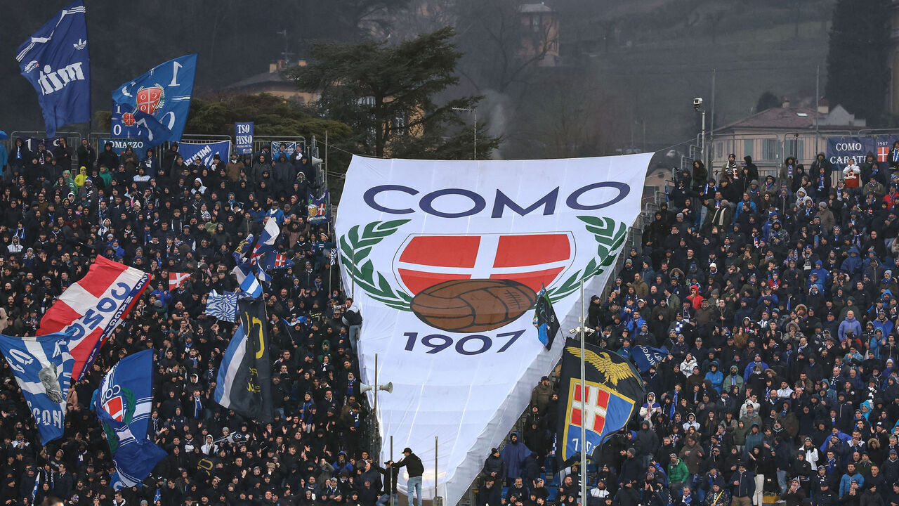 COMO, ITALY - JANUARY 25: A general view of the Como 1907 home end of the stadium and the surrouding landscape during the Serie A match between Como 1907 and Atalanta BC at Stadio G. Sinigaglia on January 25, 2025 in Como, Italy.