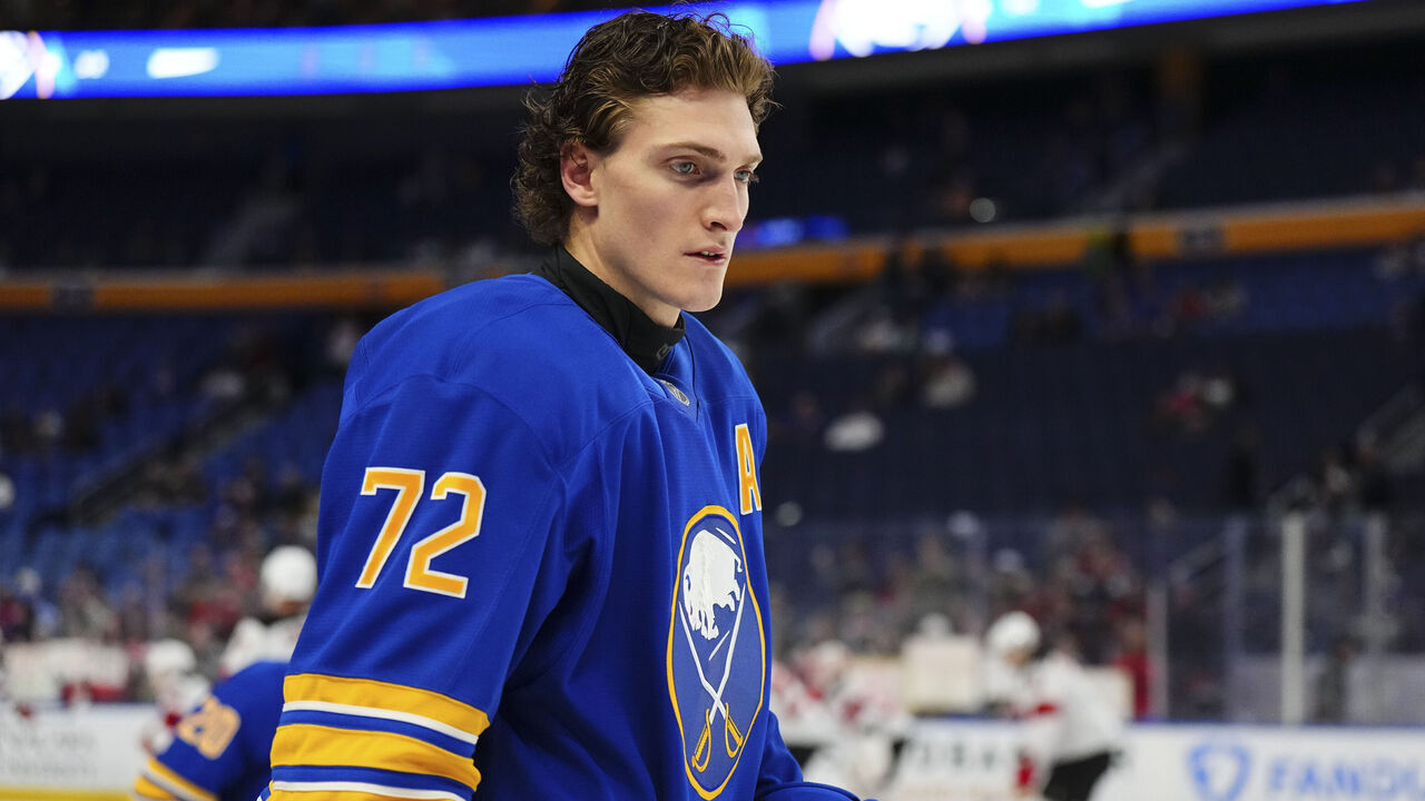 BUFFALO, NEW YORK - FEBRUARY 2: Tage Thompson #72 of the Buffalo Sabres warms up before the game against the New Jersey Devils on February 2, 2025 at KeyBank Center in Buffalo, New York.