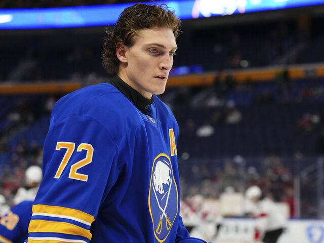 BUFFALO, NEW YORK - FEBRUARY 2: Tage Thompson #72 of the Buffalo Sabres warms up before the game against the New Jersey Devils on February 2, 2025 at KeyBank Center in Buffalo, New York.