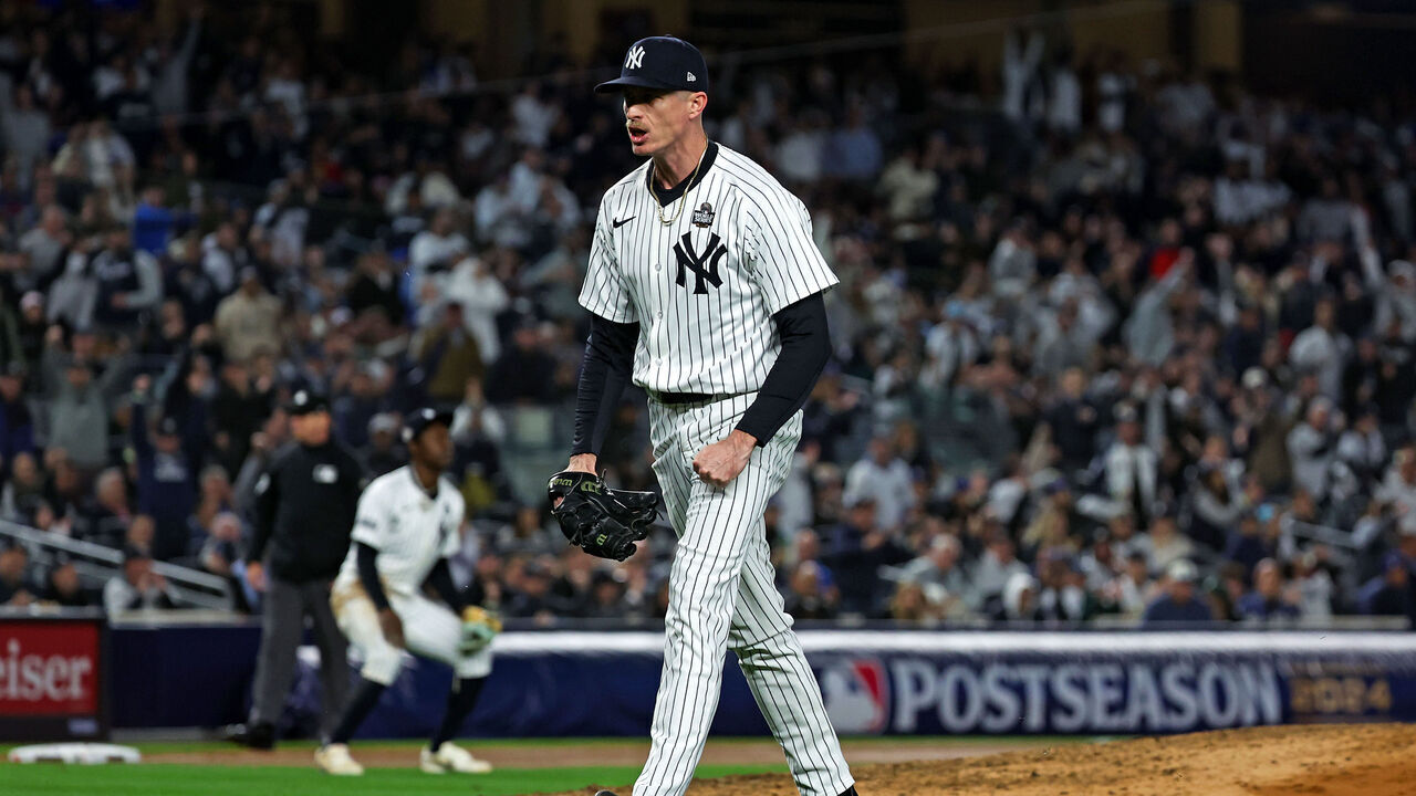 NEW YORK, NY - OCTOBER 29: Tim Hill #54 of the New York Yankees reacts during game 4 of the World Series against the Los Angeles Dodgers at Yankee Stadium on October 29, 2024, in the Bronx borough of New York City, New York.