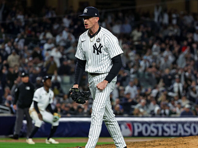 NEW YORK, NY - OCTOBER 29: Tim Hill #54 of the New York Yankees reacts during game 4 of the World Series against the Los Angeles Dodgers at Yankee Stadium on October 29, 2024, in the Bronx borough of New York City, New York.