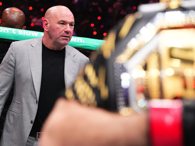 INGLEWOOD, CALIFORNIA - JANUARY 18: UFC CEO Dana White looks on during the UFC 311 event at Intuit Dome on January 18, 2025 in Inglewood, California.