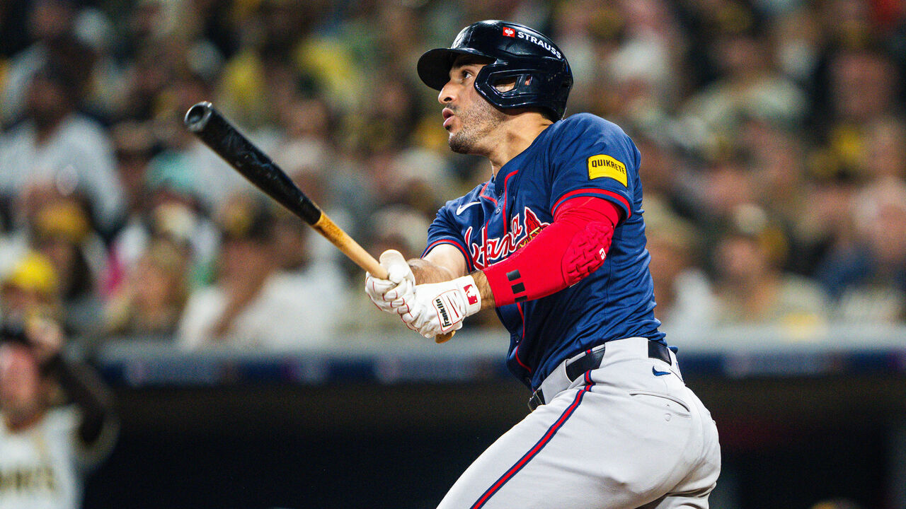 ATLANTA, GA - OCTOBER 02: Ramón Laureano #18 of Atlanta Braves bats in the fifth inning during Game Two of the National League Wild Card Series against the San Diego Padres at Petco Park on October 2, 2024 in San Diego California.