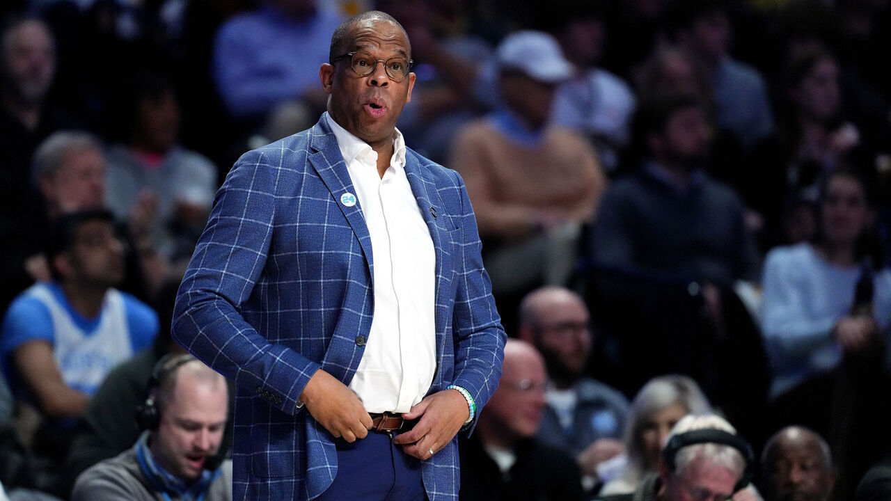 WINSTON SALEM, NORTH CAROLINA - JANUARY 21: Head coach Hubert Davis of the North Carolina Tar Heels looks on during the first half of the game against the Wake Forest Demon Deacons at Lawrence Joel Veterans Memorial Coliseum on January 21, 2025 in Winston Salem, North Carolina.
