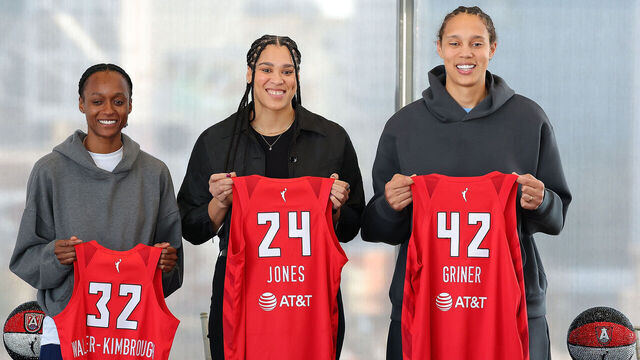 ATLANTA, GEORGIA - FEBRUARY 04: Shatori Walker-Kimbrough #32, Brionna Jones #24 and Brittney Griner #42 pose with their jerseys during a press conference after being introduced as new free agent signings for the Atlanta Dream at Ventanas on February 04, 2025 in Atlanta, Georgia.