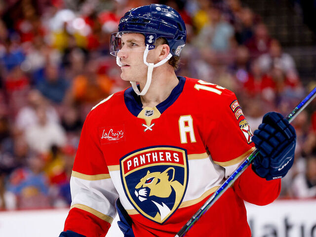 SUNRISE, FL - FEBRUARY 02: Florida Panthers Left Wing Matthew Tkachuk (19) looks on during the NHL regular season game between the New York Islanders and the Florida Panthers on Sunday February 2, 2025 at Amerant Bank Arena in Sunrise, Fla.
