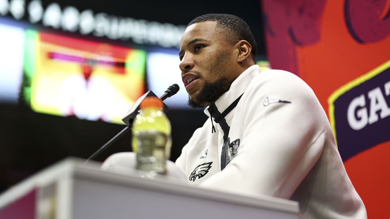 NEW ORLEANS, LOUISIANA - FEBRUARY 3: Saquon Barkley #26 of the Philadelphia Eagles does an interview during Super Bowl LIX Opening Night at Caesars Superdome on February 3, 2025 in New Orleans, Louisiana.