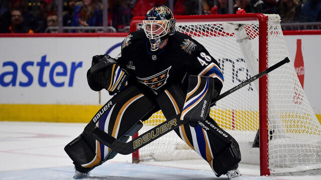 WASHINGTON, DC - FEBRUARY 01: Capitals goalie Logan Thompson (48) watches the puck during the Winnipeg Jets versus Washington Capitals National Hockey League game on February 1, 2025 at Capital One Arena in Washington, D.C.