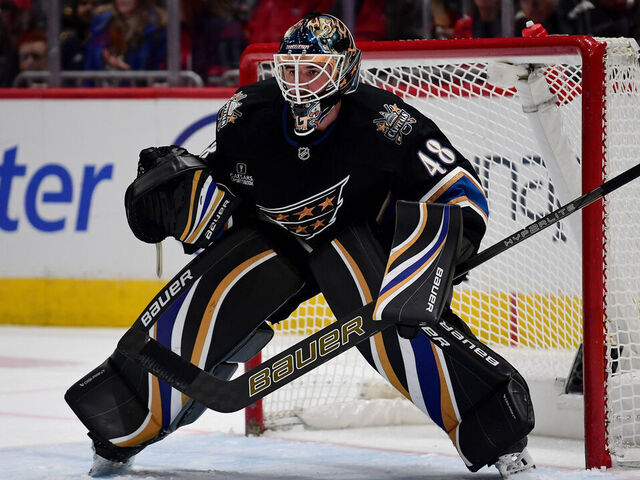 WASHINGTON, DC - FEBRUARY 01: Capitals goalie Logan Thompson (48) watches the puck during the Winnipeg Jets versus Washington Capitals National Hockey League game on February 1, 2025 at Capital One Arena in Washington, D.C.