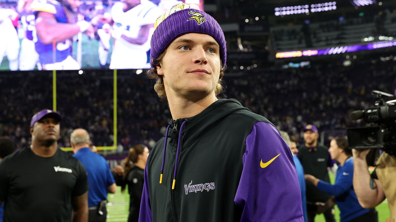 MINNEAPOLIS, MINNESOTA - NOVEMBER 03: J.J. McCarthy #9 of the Minnesota Vikings looks on after the game against the Indianapolis Colts at U.S. Bank Stadium on November 03, 2024 in Minneapolis, Minnesota. The Vikings defeated the Colts 21-13.