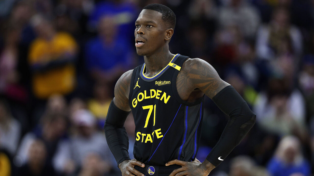 SAN FRANCISCO, CALIFORNIA - FEBRUARY 03: Dennis Schroder #71 of the Golden State Warriors looks on against the Orlando Magic during the second half of an NBA basketball game at Chase Center on February 03, 2025 in San Francisco, California.
