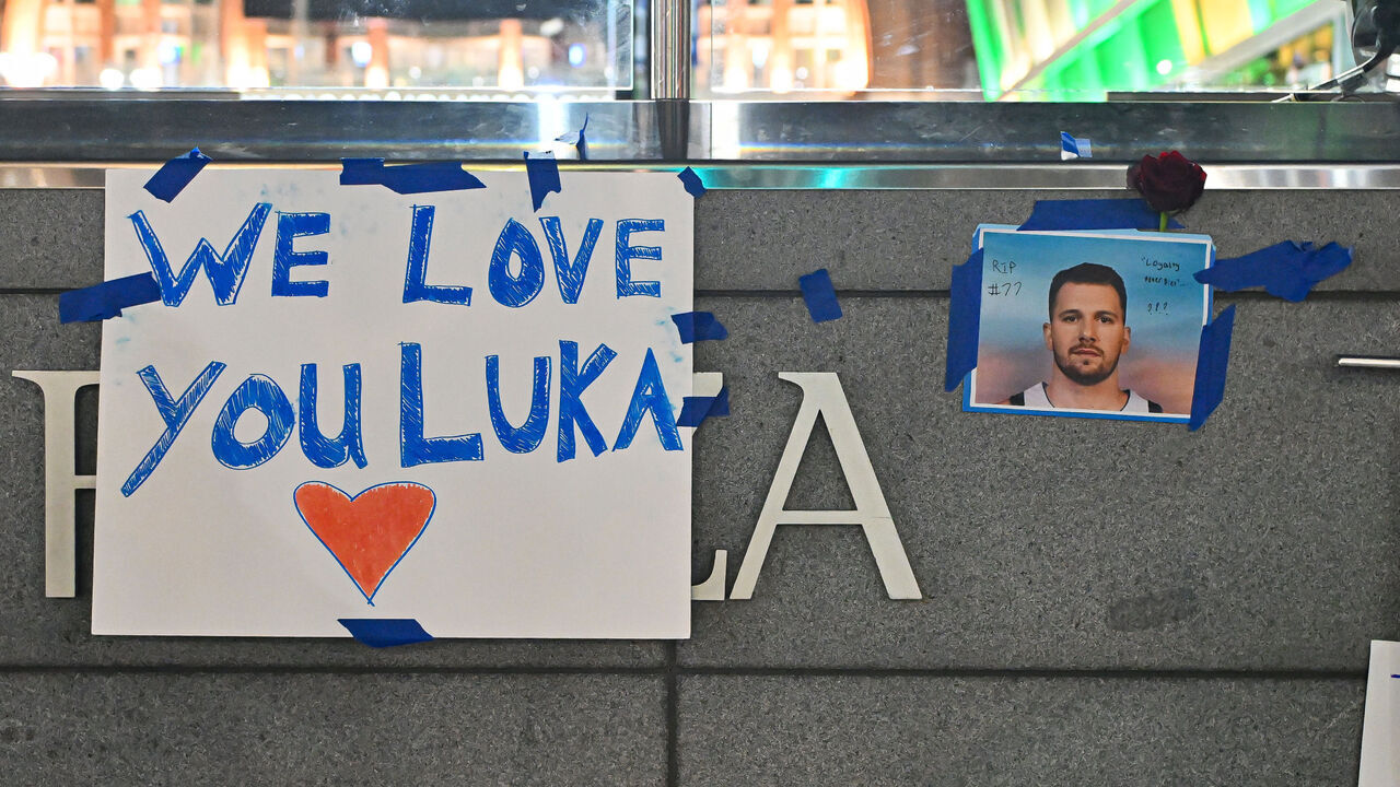 DALLAS, TX - FEBRUARY 03: Posters and signs of Dallas Mavericks guard Luka Doncic are on display outside of American Airlines Center on Monday, February 3, 2025 in Dallas, TX. Fans left the posters and items to protest the trade of Mavericks guard Luka Doncic to the Los Angeles Lakers.