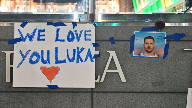 DALLAS, TX - FEBRUARY 03: Posters and signs of Dallas Mavericks guard Luka Doncic are on display outside of American Airlines Center on Monday, February 3, 2025 in Dallas, TX. Fans left the posters and items to protest the trade of Mavericks guard Luka Doncic to the Los Angeles Lakers.
