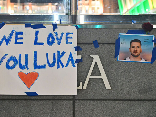 DALLAS, TX - FEBRUARY 03: Posters and signs of Dallas Mavericks guard Luka Doncic are on display outside of American Airlines Center on Monday, February 3, 2025 in Dallas, TX. Fans left the posters and items to protest the trade of Mavericks guard Luka Doncic to the Los Angeles Lakers.