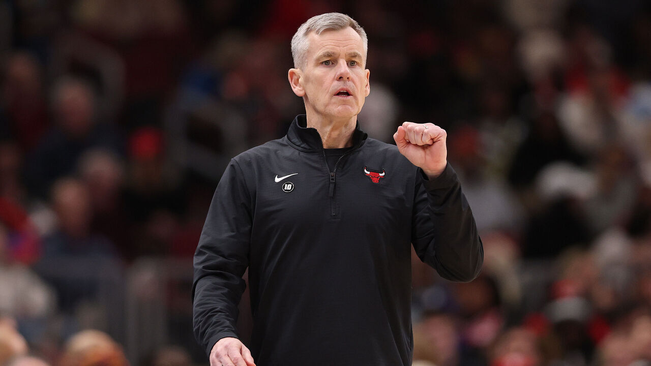 CHICAGO, ILLINOIS - JANUARY 25: Head coach Billy Donovan of the Chicago Bulls looks on against the Philadelphia 76ers during the first half at the United Center on January 25, 2025 in Chicago, Illinois.