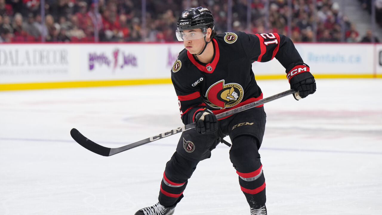 OTTAWA, CANADA - JANUARY 26: Shane Pinto #12 of the Ottawa Senators skates against the Utah Hockey Club at Canadian Tire Centre on January 26, 2025 in Ottawa, Ontario, Canada.