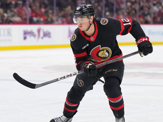 OTTAWA, CANADA - JANUARY 26: Shane Pinto #12 of the Ottawa Senators skates against the Utah Hockey Club at Canadian Tire Centre on January 26, 2025 in Ottawa, Ontario, Canada.