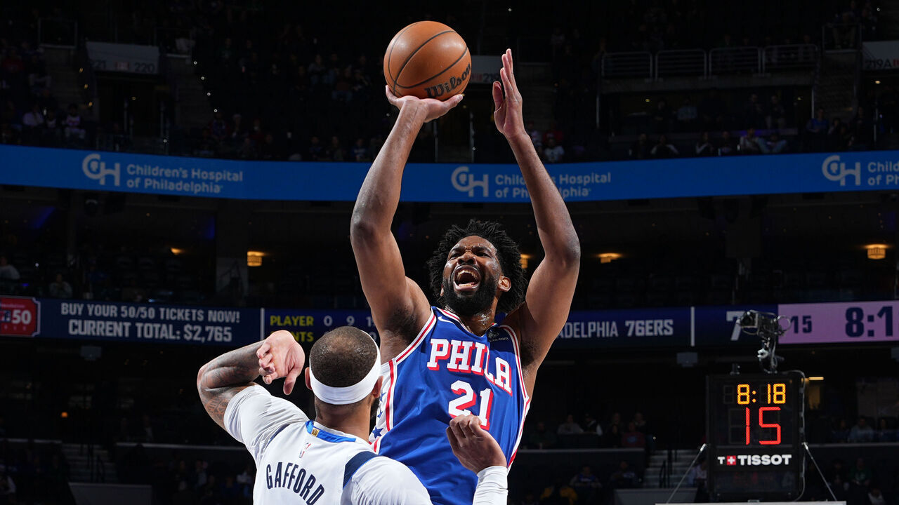 PHILADELPHIA, PA - FEBRUARY 4: Joel Embiid #21 of the Philadelphia 76ers shoots the ball during the game against the Dallas Mavericks on February 4, 2025 at the Wells Fargo Center in Philadelphia, Pennsylvania NOTE TO USER: User expressly acknowledges and agrees that, by downloading and/or using this Photograph, user is consenting to the terms and conditions of the Getty Images License Agreement. Mandatory Copyright Notice: Copyright 2025 NBAE