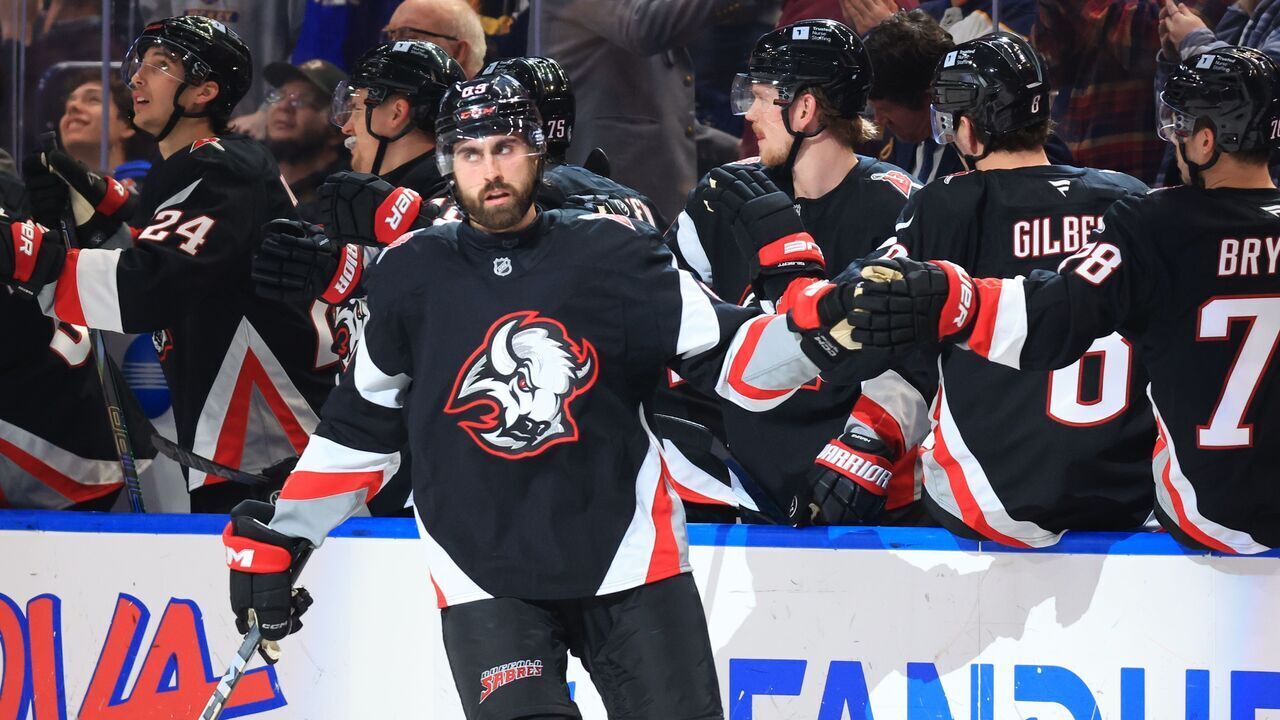 BUFFALO, NEW YORK - FEBRUARY 4: Alex Tuch #89 of the Buffalo Sabres celebrates his second goal of the second period during an NHL game against the Columbus Blue Jackets on February 4, 2025 at KeyBank Center in Buffalo, New York.