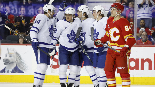 CALGARY, CANADA - FEBRUARY 04: William Nylander #88 of the Toronto Maple Leafs celebrates his goal against the Calgary Flames during the second period at the Scotiabank Saddledome on February 04, 2025, in Calgary, Alberta, Canada.