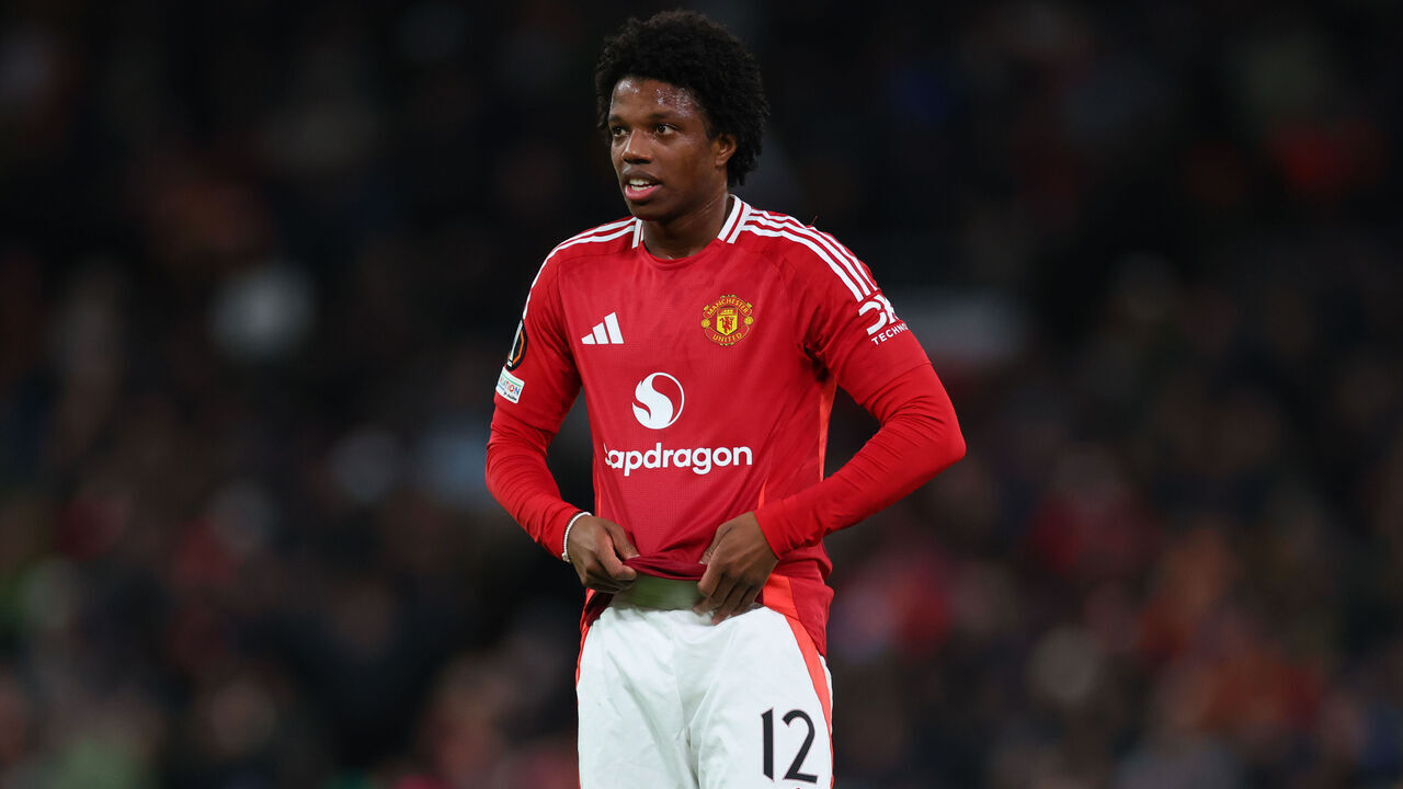 MANCHESTER, ENGLAND - JANUARY 23: Tyrell Malacia of Manchester United during the UEFA Europa League 2024/25 League Phase MD7 match between Manchester United and Rangers FC at Old Trafford on January 23, 2025 in Manchester, England.