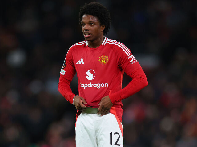 MANCHESTER, ENGLAND - JANUARY 23: Tyrell Malacia of Manchester United during the UEFA Europa League 2024/25 League Phase MD7 match between Manchester United and Rangers FC at Old Trafford on January 23, 2025 in Manchester, England.