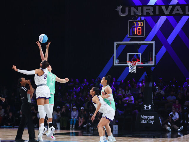 MEDLEY, FLORIDA - JANUARY 31: A general view of tipoff between Napheesa Collier #24 of the Lunar Owls and Stefanie Dolson #31 of the Laces during the first quarter of the game at Wayfair Arena on January 31, 2025 in Medley, Florida.