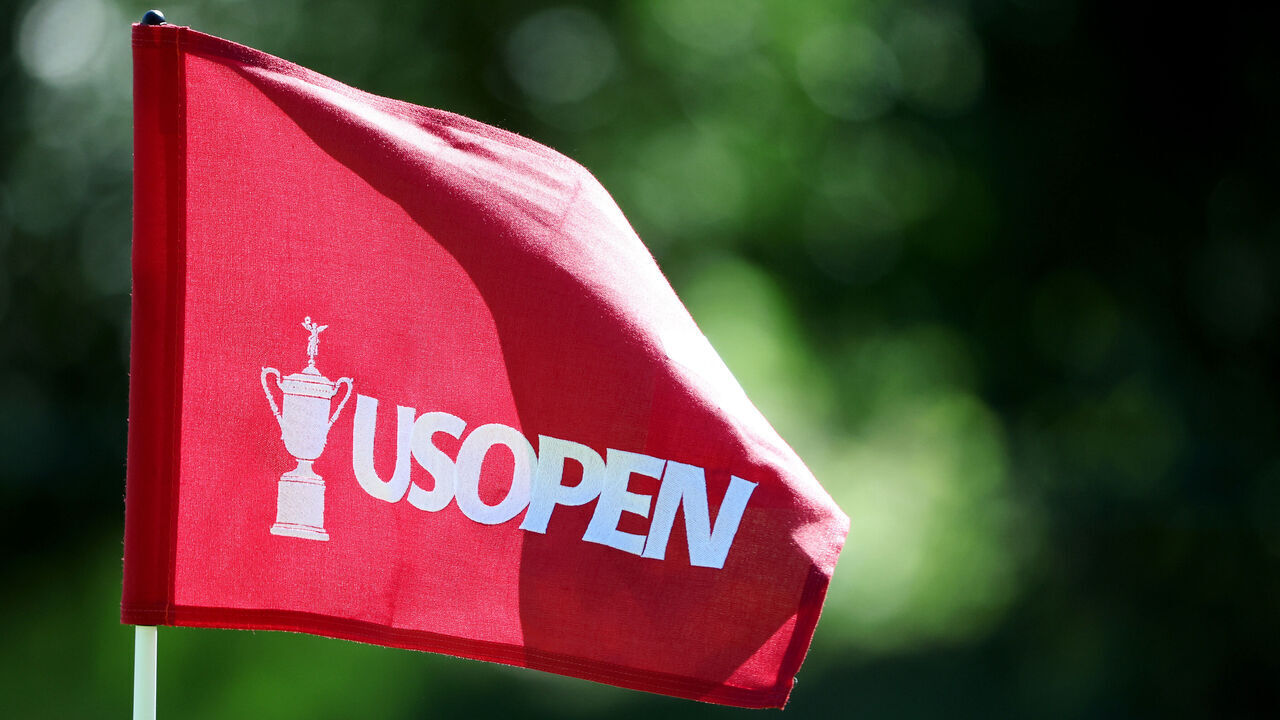 BROOKLINE, MASSACHUSETTS - JUNE 14: A flag with a U.S. Open logo blows in the breeze during a practice round prior to the US Open at The Country Club on June 14, 2022 in Brookline, Massachusetts.