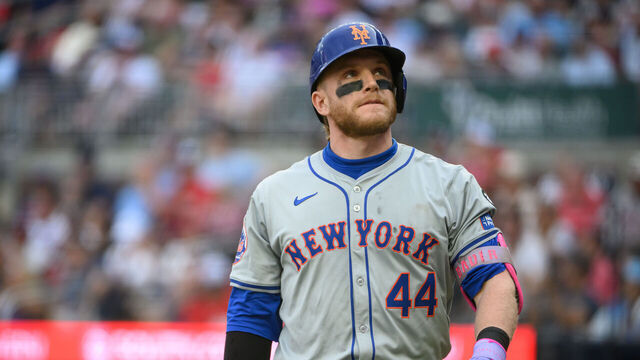 ATLANTA, GEORGIA - SEPTEMBER 30: Harrison Bader #44 of the New York Mets walks back to the dugout after striking out in the fifth inning of game two of a doubleheader against the Atlanta Braves at Truist Park on September 30, 2024 in Atlanta, Georgia.