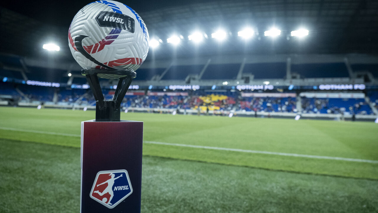 HARRISON, NEW JERSEY - MAY 04: The official NWSL game ball sits on top of a pedestal with the NWSL Logo on it with the stadium behind the ball at the start of the National Women's Soccer League match between NJ/NY Gotham FC and North Carolina Courage at Red Bull Arena on May 4, 2024 in Harrison, New Jersey.