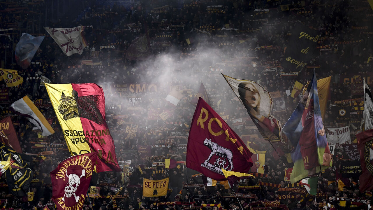 OLIMPICO STADIUM, ROME, ITALY - 2025/02/02: Roma fans cheer on during the Serie A football match between AS Roma and SSC Napoli. Roma and Napoli drew 1-1.