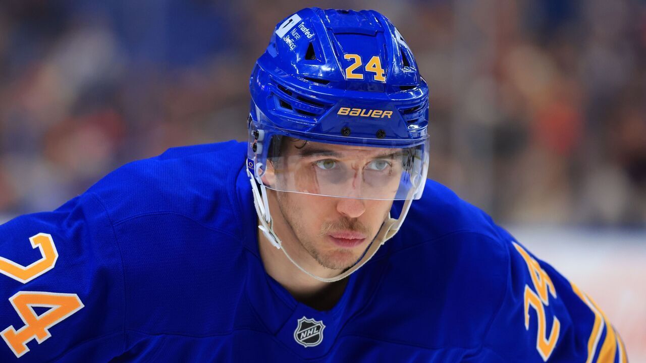 BUFFALO, NEW YORK - FEBRUARY 2: Dylan Cozens #24 of the Buffalo Sabres prepares for a face-off during an NHL game against the New Jersey Devils on February 2, 2025 at KeyBank Center in Buffalo, New York.