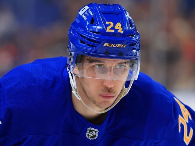 BUFFALO, NEW YORK - FEBRUARY 2: Dylan Cozens #24 of the Buffalo Sabres prepares for a face-off during an NHL game against the New Jersey Devils on February 2, 2025 at KeyBank Center in Buffalo, New York.