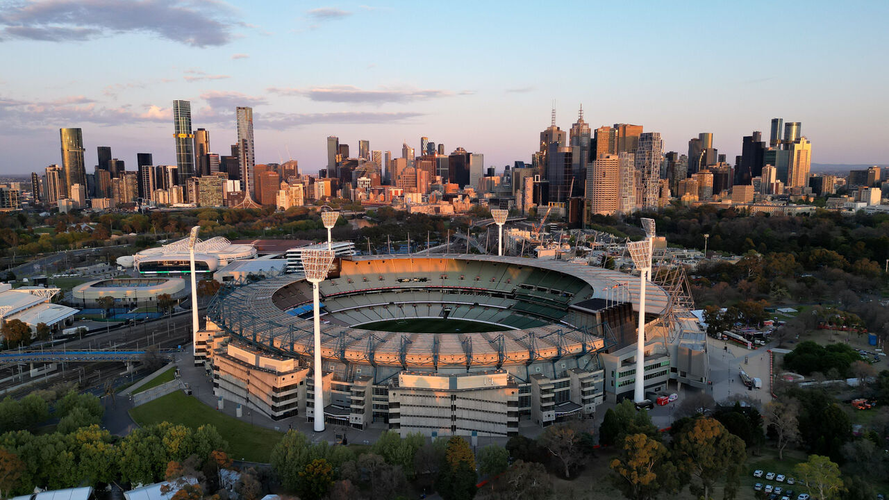 MELBOURNE, AUSTRALIA - SEPTEMBER 30: An aerial view of the ground before the 2023 AFL Grand Final match between the Collingwood Magpies and the Brisbane Lions at the Melbourne Cricket Ground on September 30, 2023 in Melbourne, Australia.