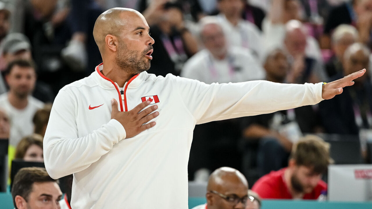 Jordi Fernandez of Canada gestures during the Men's Basketball Quarterfinal match between France and Canada on Day 11 of the Olympic Games Paris 2024 at Bercy Arena on August 6, 2024 in Paris, France.