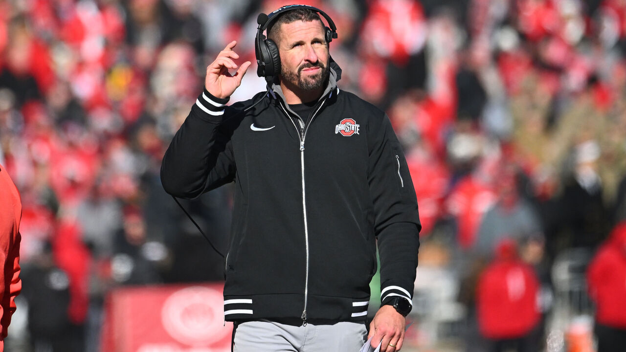 COLUMBUS, OHIO - NOVEMBER 30: Co-Offensive Coordinator Brian Hartline of the Ohio State Buckeyes walks during a timeout in the second quarter of a game against the Michigan Wolverines at Ohio Stadium on November 30, 2024 in Columbus, Ohio.