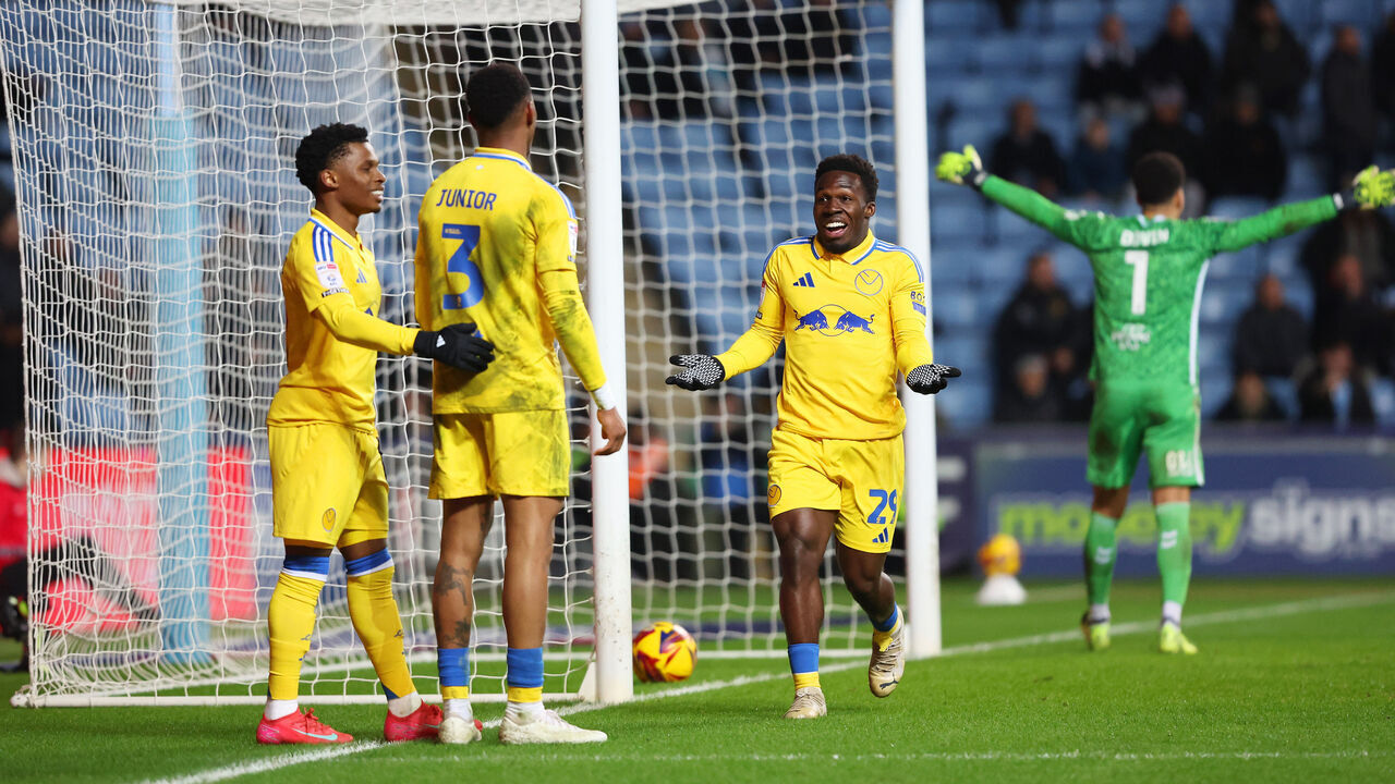 COVENTRY, ENGLAND - FEBRUARY 05: Wilfried Gnonto of Leeds United celebrates a goal that was later disallowed due to offside during the Sky Bet Championship match between Coventry City FC and Leeds United FC at The Coventry Building Society Arena on February 05, 2025 in Coventry, England.