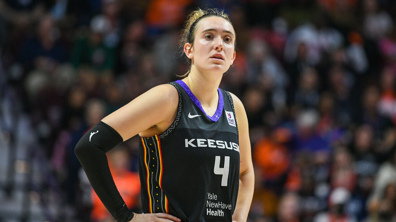 UNCASVILLE, CT - OCTOBER 06: Connecticut Sun guard Marina Mabrey (4) looks on during game 4 of the Semifinals of the WNBA Playoffs between the Minnesota Lynx and the Connecticut Sun on October 6, 2024, at Mohegan Sun Arena in Uncasville, CT.