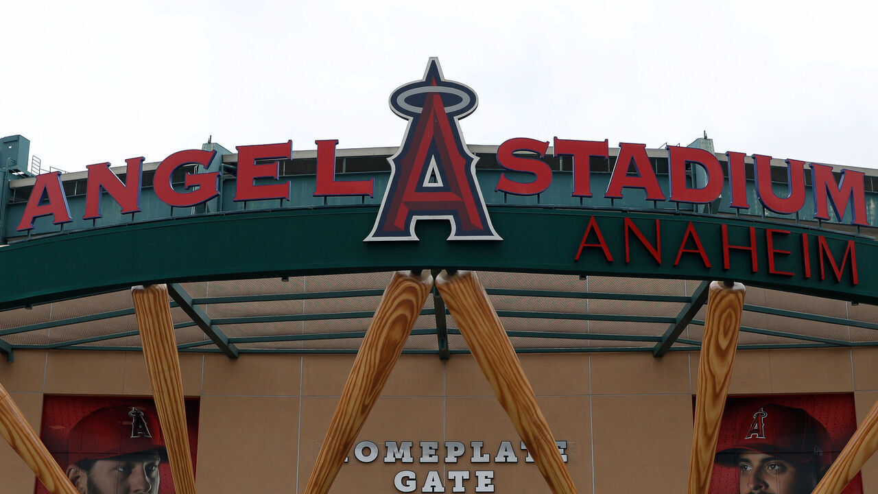 ANAHEIM, CA - MAY 28: Exterior view of Angel Stadium with an Angels logo prior to a regular season game between the Los Angeles Angels and Miami Marlins on May 28, 2023 at Angel Stadium in Anaheim, CA.