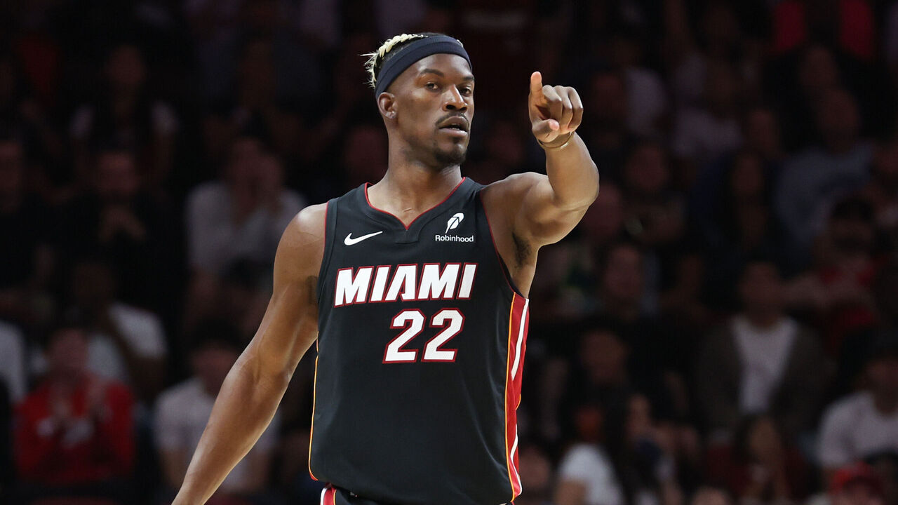 MIAMI, FLORIDA - JANUARY 19: Jimmy Butler #22 of the Miami Heat reacts against the San Antonio Spurs during the second quarter of the game at Kaseya Center on January 19, 2025 in Miami, Florida.