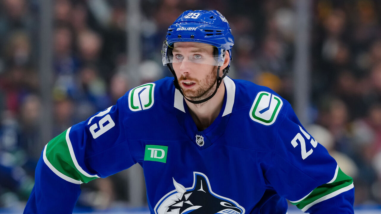 VANCOUVER, CANADA - FEBRUARY 2: Marcus Pettersson #29 of the Vancouver Canucks looks on during the first period of their NHL game against the Detroit Red Wings at Rogers Arena on February 2, 2025 in Vancouver, British Columbia, Canada.