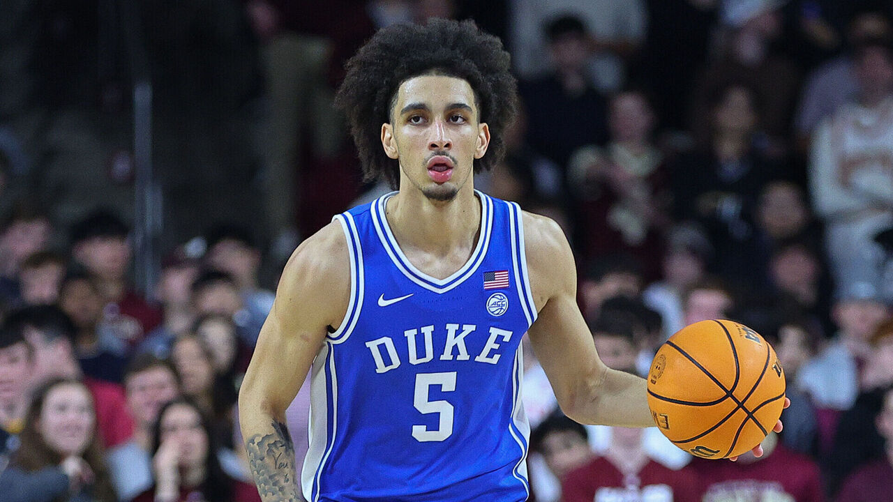 CHESTNUT HILL, MA - JANUARY 18: Duke Blue Devils guard Tyrese Proctor (5) dribbles the ball up court during the college basketball game between Duke Blue Devils and Boston College Eagles on January 18, 2025, at Conte Forum in Chestnut Hill, MA.