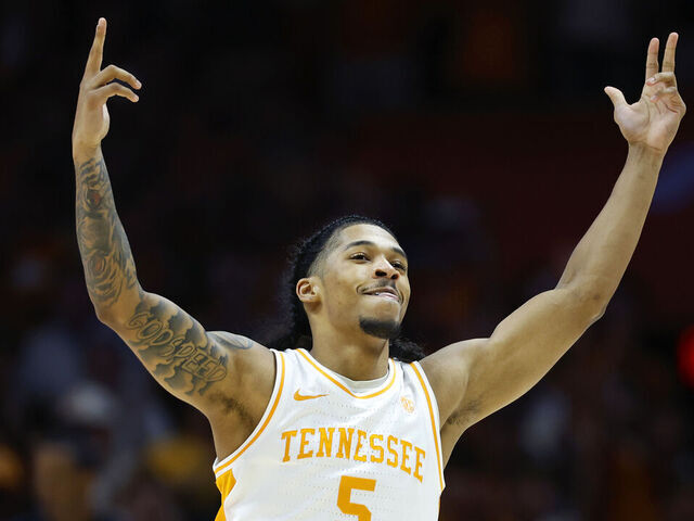 KNOXVILLE, TENNESSEE - FEBRUARY 05: Zakai Zeigler #5 of the Tennessee Volunteers celebrates after a made three-point basket during the first half against the Missouri Tigers at Thompson-Boling Arena on February 05, 2025 in Knoxville, Tennessee.