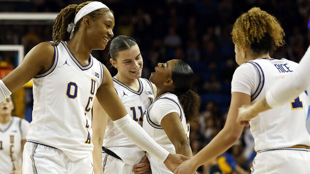 LOS ANGELES, CALIFORNIA - FEBRUARY 05: (L-R) Gabriela Jaquez #11 and Londynn Jones #3 of the UCLA Bruins react against the Ohio State Buckeyes in the second half at UCLA Pauley Pavilion on February 05, 2025 in Los Angeles, California.