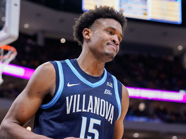 MILWAUKEE, WISCONSIN - JANUARY 24: Jordan Longino #15 of the Villanova Wildcats reacts to missing a basket during the second half against the Marquette Golden Eagles at Fiserv Forum on January 24, 2025 in Milwaukee, Wisconsin.